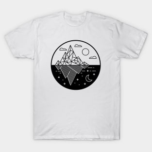 Two Geometric Mountains Day and Night Line Art T-Shirt